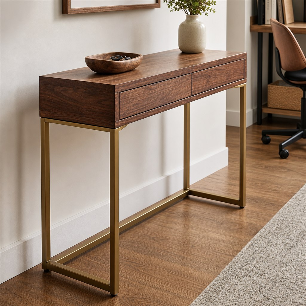 Hallway Console With Brass-Finish Steel Supports - steel-frame detail