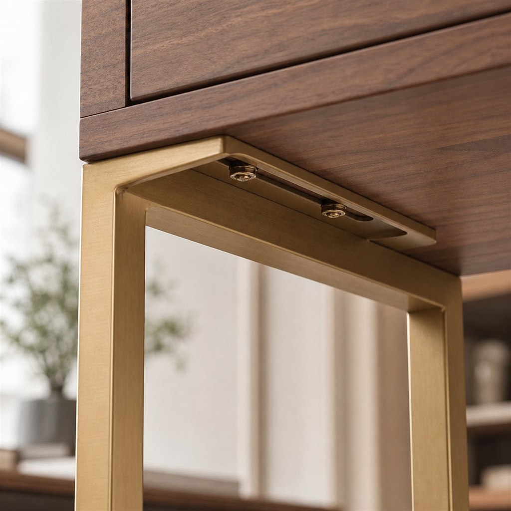 Hallway Console With Brass-Finish Steel Supports - wood-to-steel interface detail