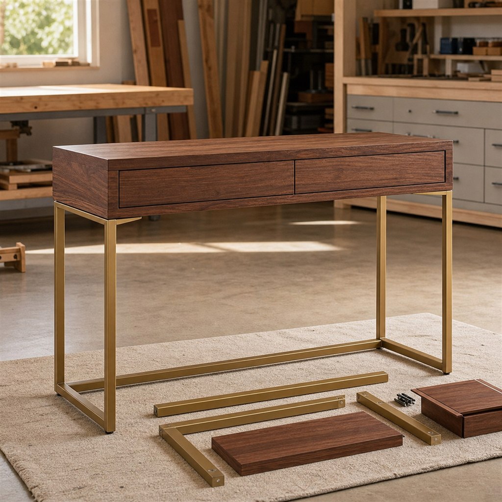 Hallway Console With Brass-Finish Steel Supports - workshop dry-assembly view