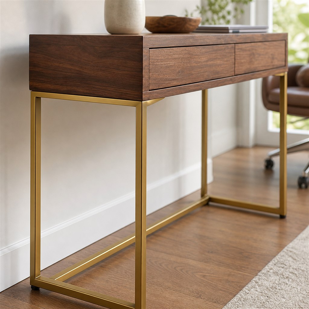 Hallway Console With Brass-Finish Steel Supports - finished material detail