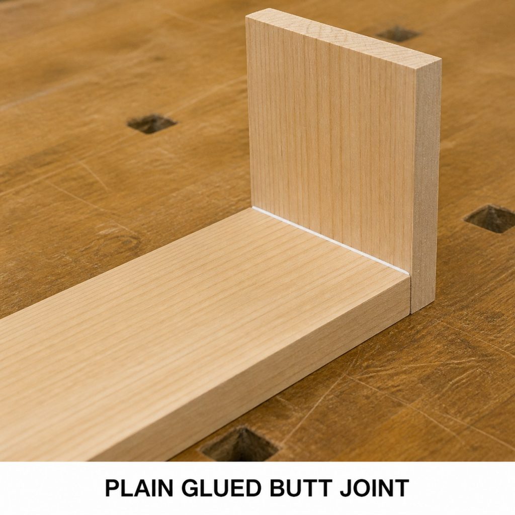 Photorealistic labeled example of Plain Glued Butt Joint showing the woodworking connection.