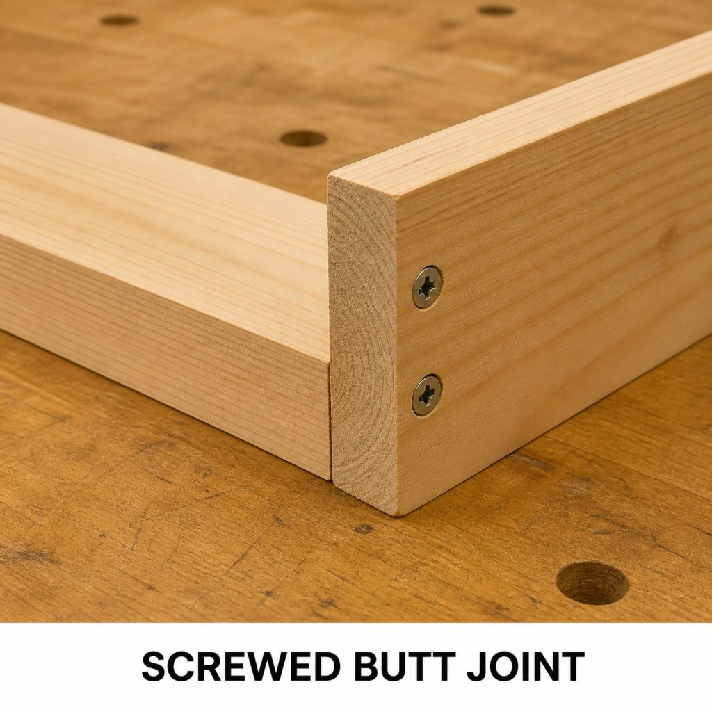 Photorealistic labeled example of Screwed Butt Joint showing the woodworking connection.