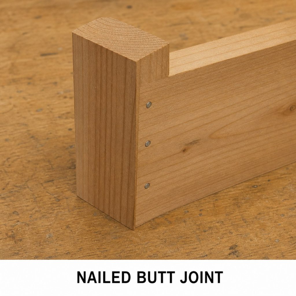 Photorealistic labeled example of Nailed Butt Joint showing the woodworking connection.