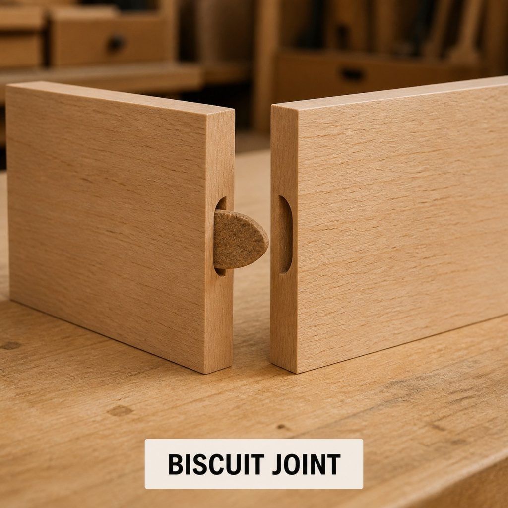 Photorealistic labeled example of Biscuit-Reinforced Butt Joint showing the woodworking connection.