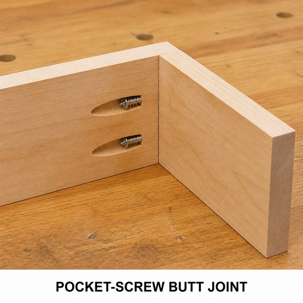 Photorealistic labeled example of Pocket-Screw Butt Joint showing the woodworking connection.