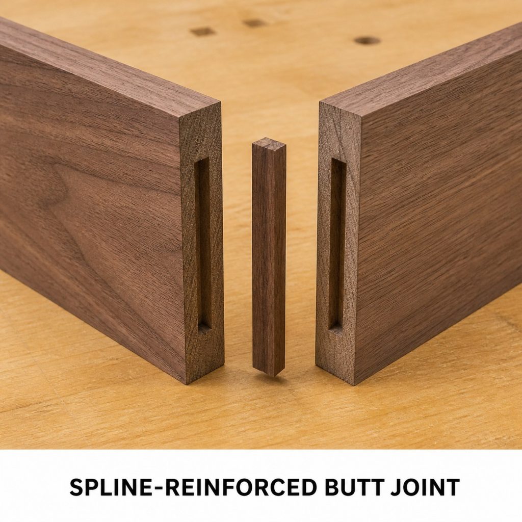 Photorealistic labeled example of Spline-Reinforced Butt Joint showing the woodworking connection.