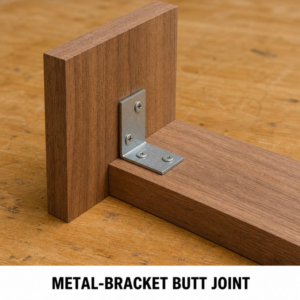 Photorealistic labeled example of Metal-Bracket Butt Joint showing the woodworking connection.