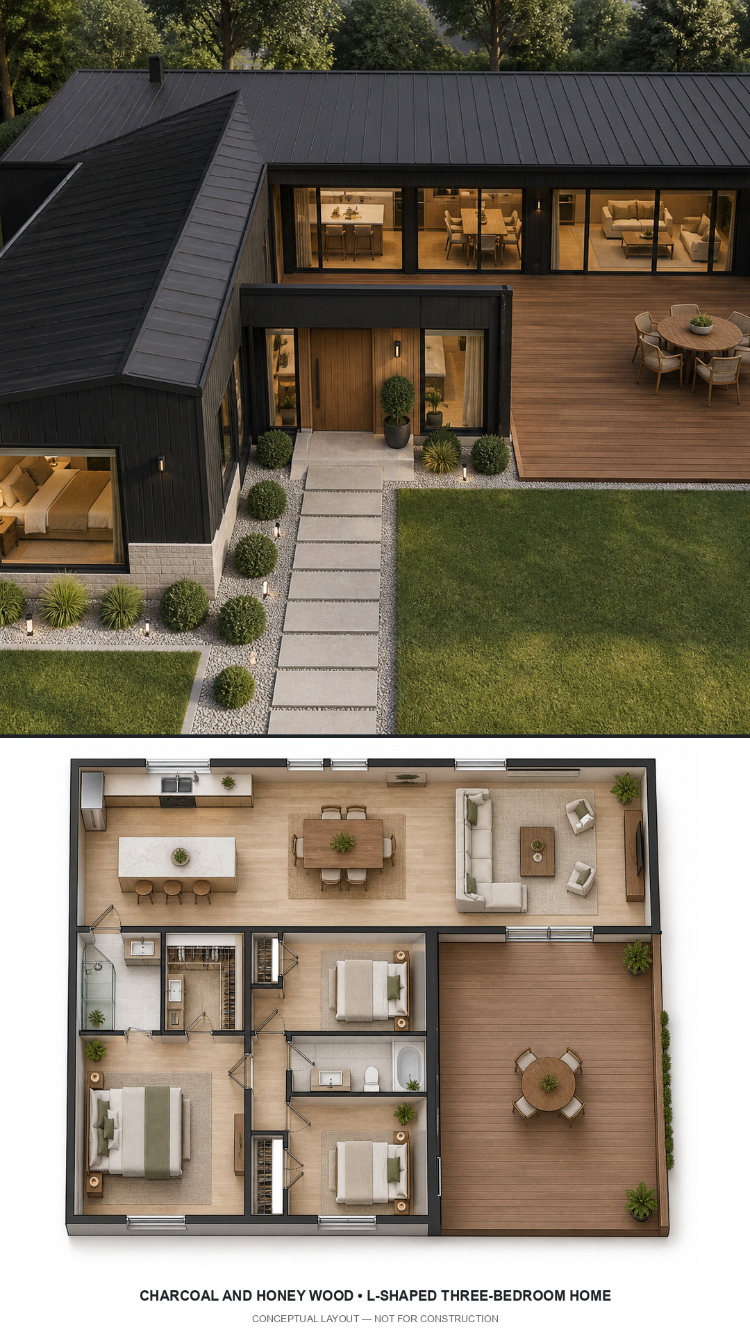 Charcoal and Honey Wood L-Shaped Three-Bedroom Home exterior and furnished conceptual floor plan