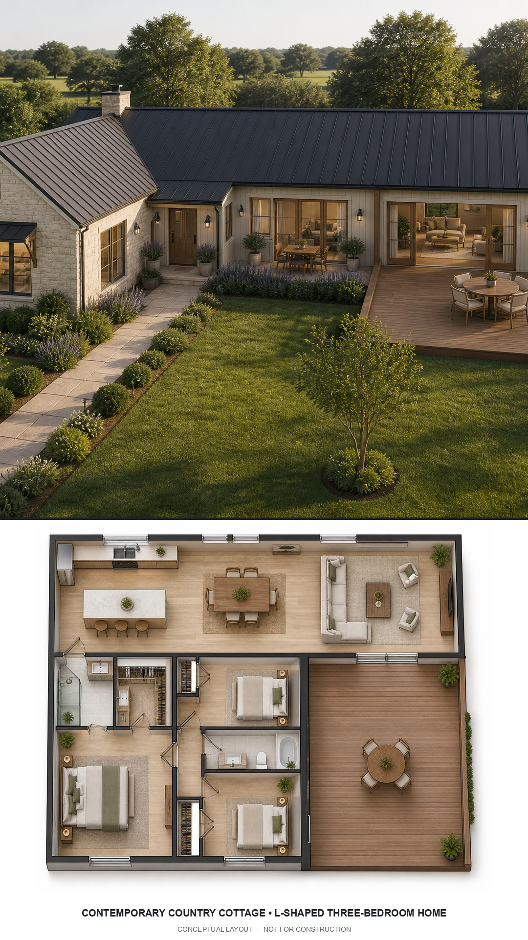 Contemporary Country Cottage L-Shaped Three-Bedroom Home exterior and furnished conceptual floor plan