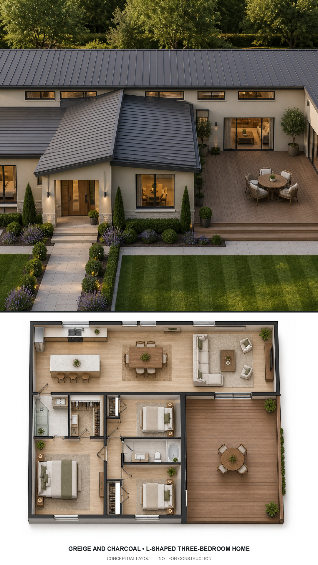 Greige and Charcoal L-Shaped Three-Bedroom Home exterior and furnished conceptual floor plan