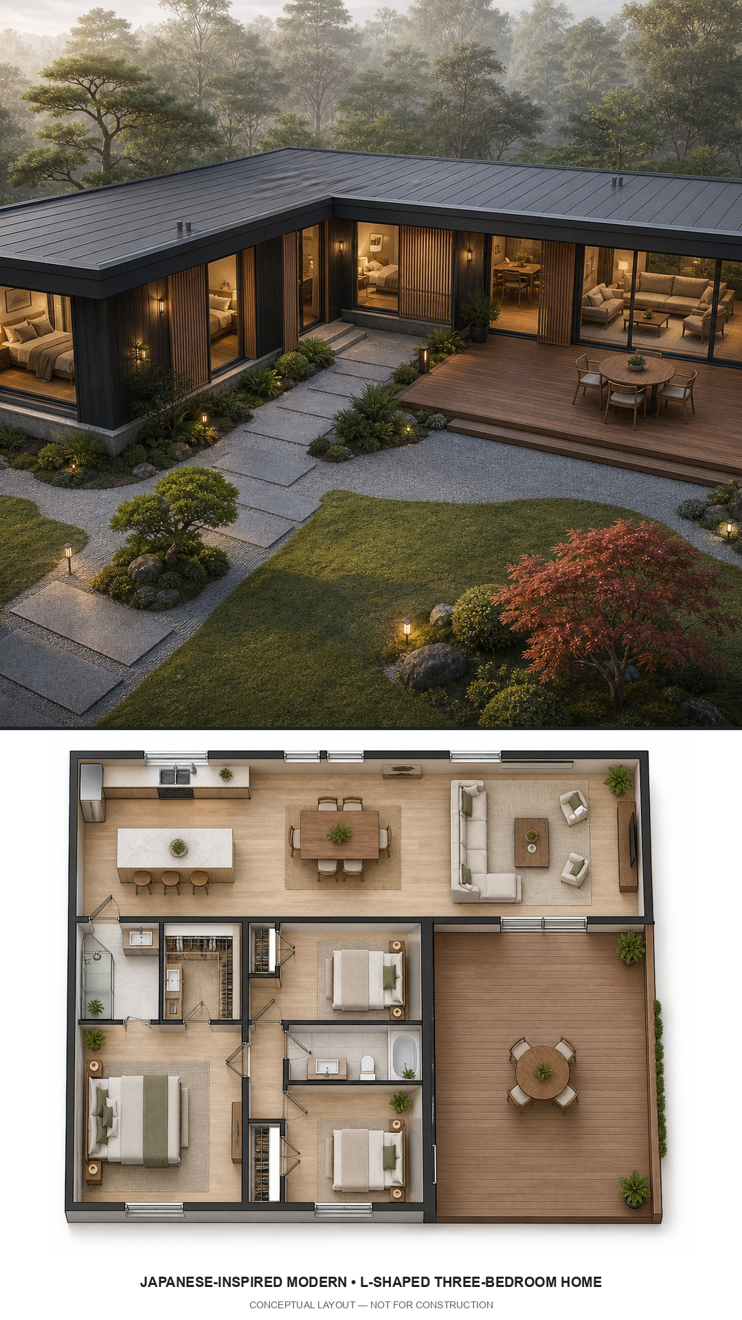 Japanese-Inspired Modern L-Shaped Three-Bedroom Home exterior and furnished conceptual floor plan