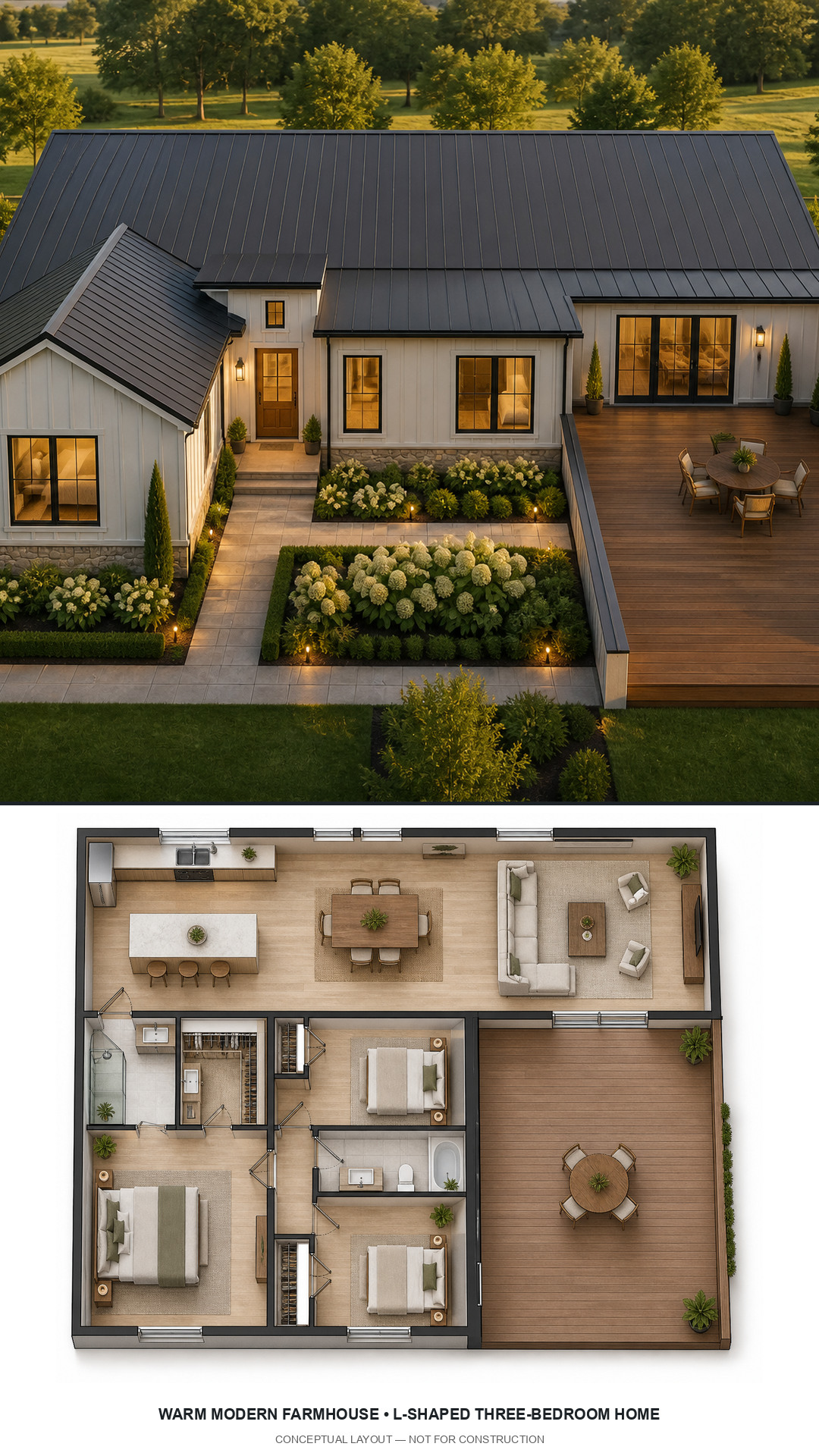 Warm Modern Farmhouse L-Shaped Three-Bedroom Home exterior and furnished conceptual floor plan