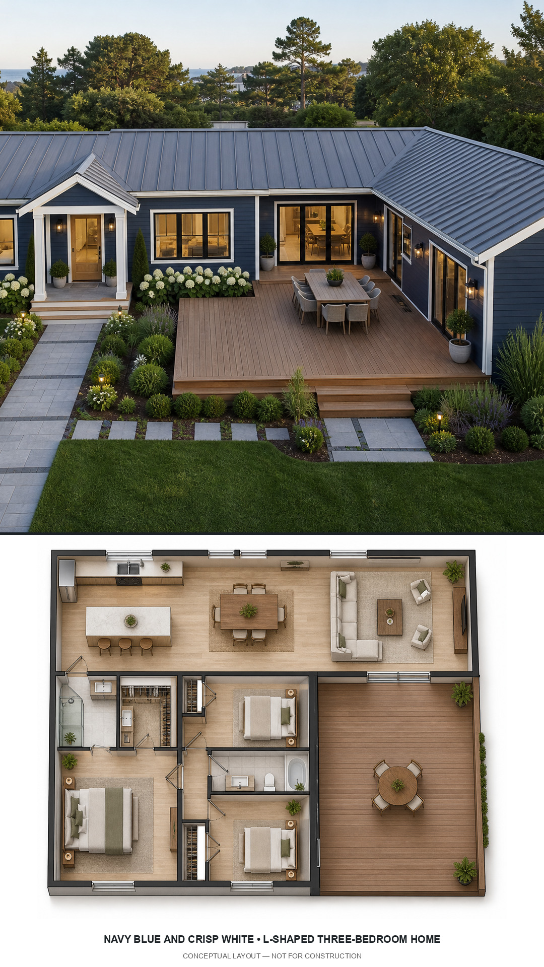 Navy Blue and Crisp White L-Shaped Three-Bedroom Home exterior and furnished conceptual floor plan