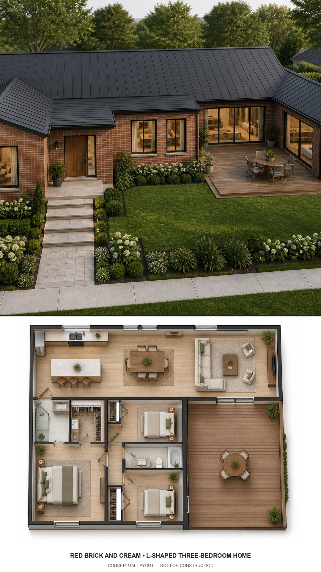Red Brick and Cream L-Shaped Three-Bedroom Home exterior and furnished conceptual floor plan