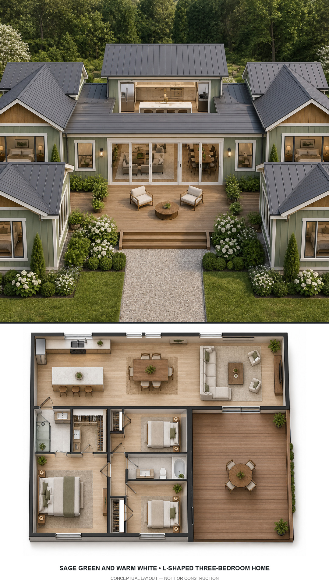 Sage Green and Warm White L-Shaped Three-Bedroom Home exterior and furnished conceptual floor plan