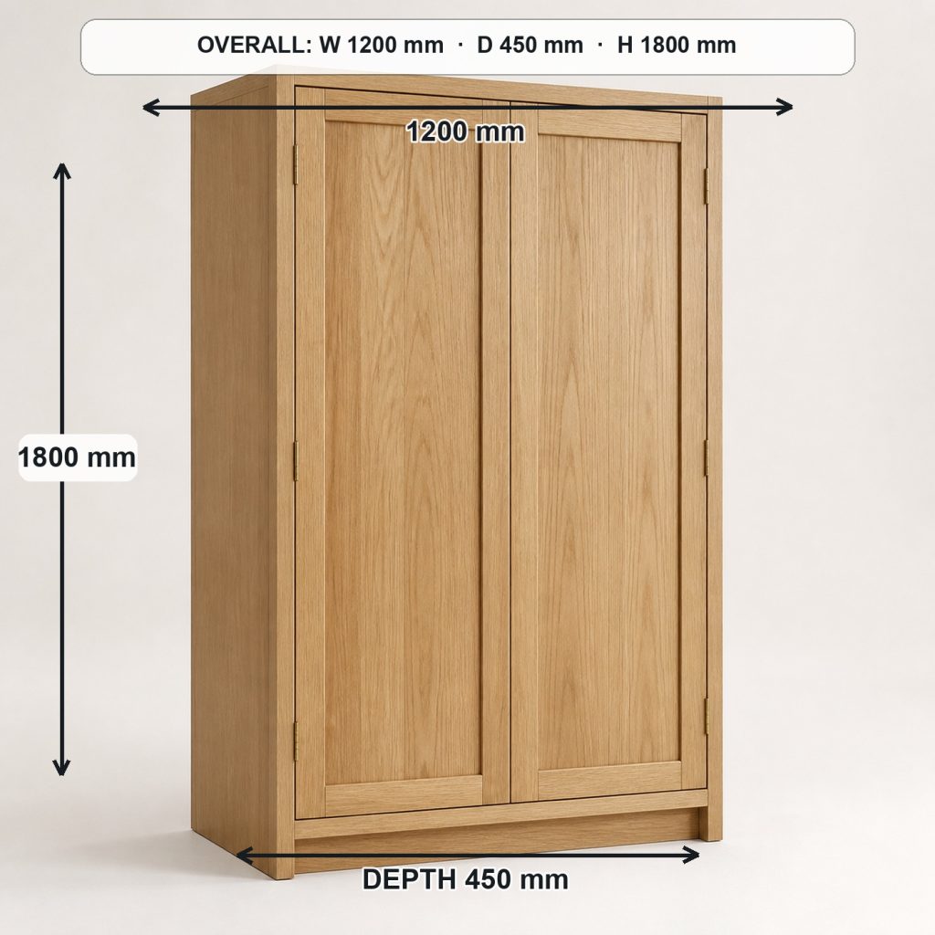 freestanding oak storage cabinet complete three-quarter project view, overall dimensions 1200 mm wide × 450 mm deep × 1800 mm high