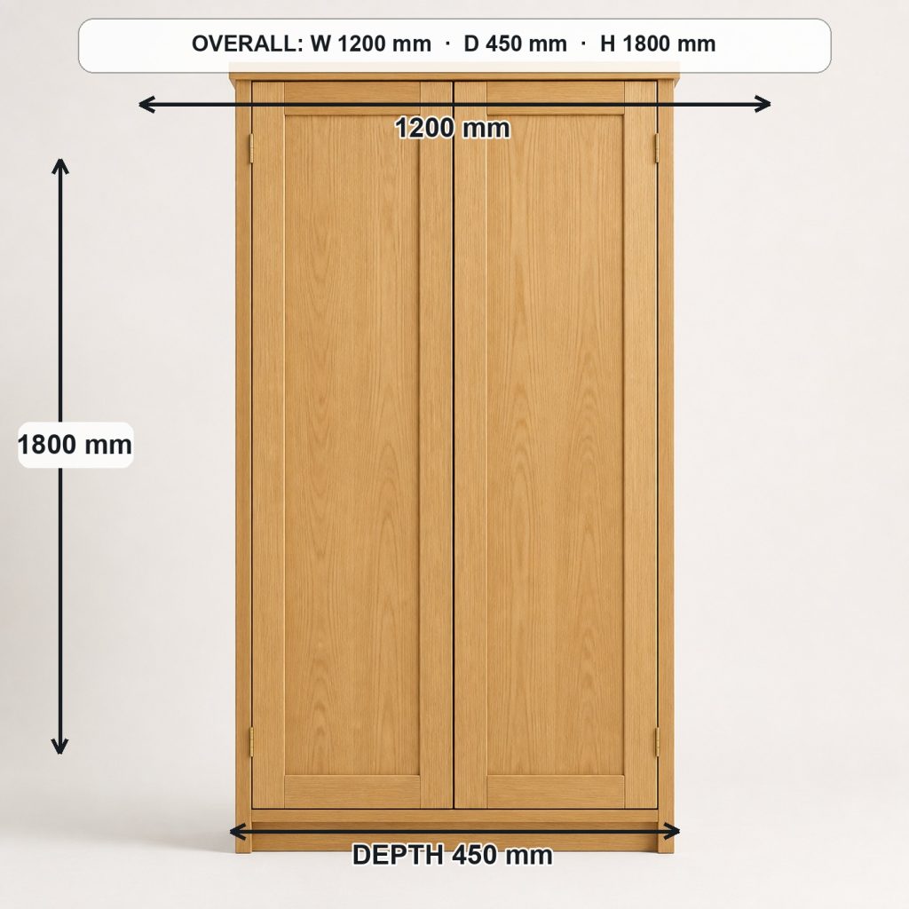 freestanding oak storage cabinet front elevation and overall proportions, overall dimensions 1200 mm wide × 450 mm deep × 1800 mm high