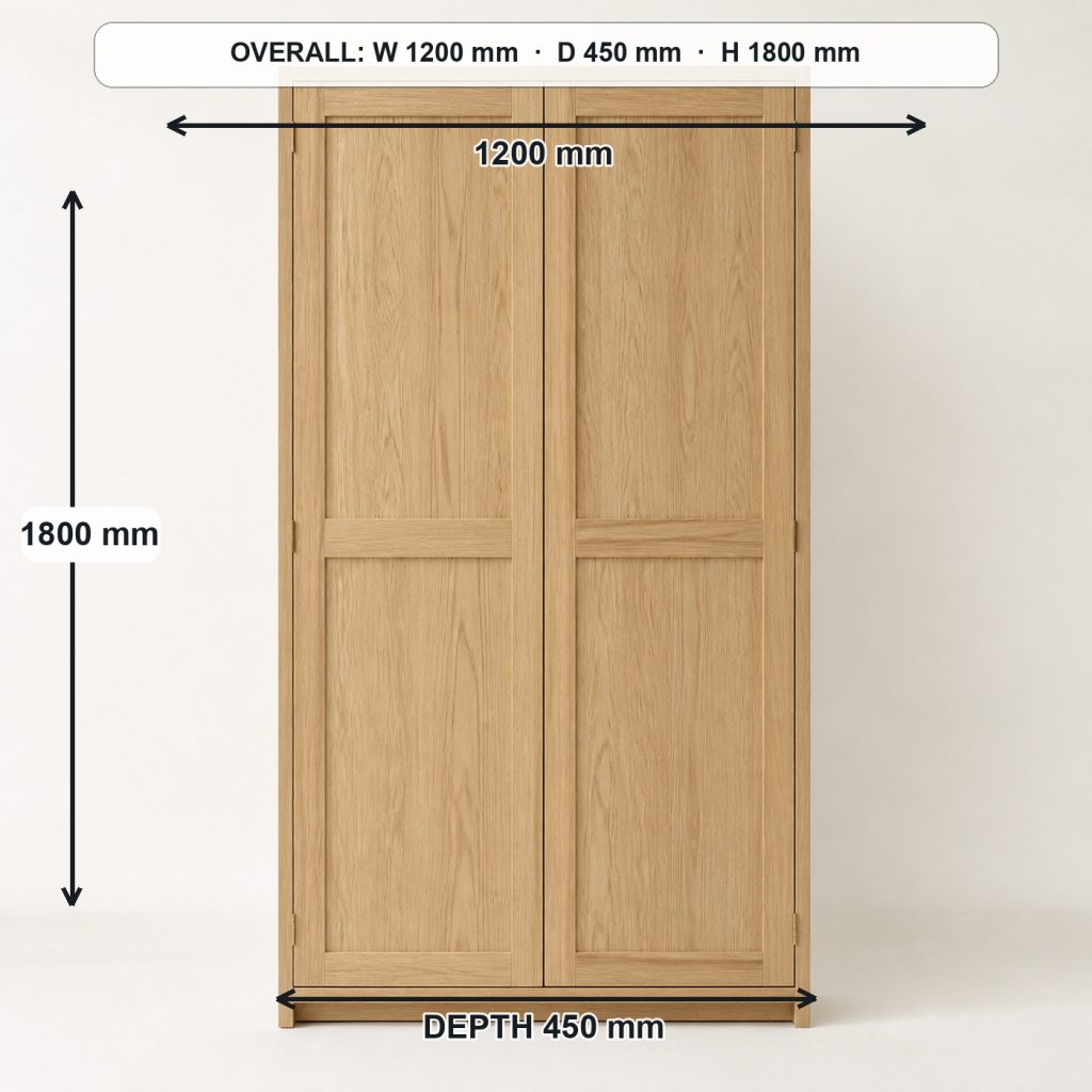 freestanding oak storage cabinet side elevation and depth, overall dimensions 1200 mm wide × 450 mm deep × 1800 mm high