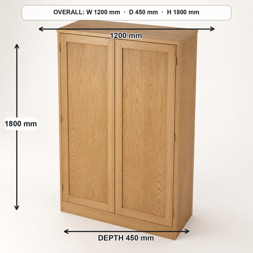 freestanding oak storage cabinet top view and usable surface, overall dimensions 1200 mm wide × 450 mm deep × 1800 mm high