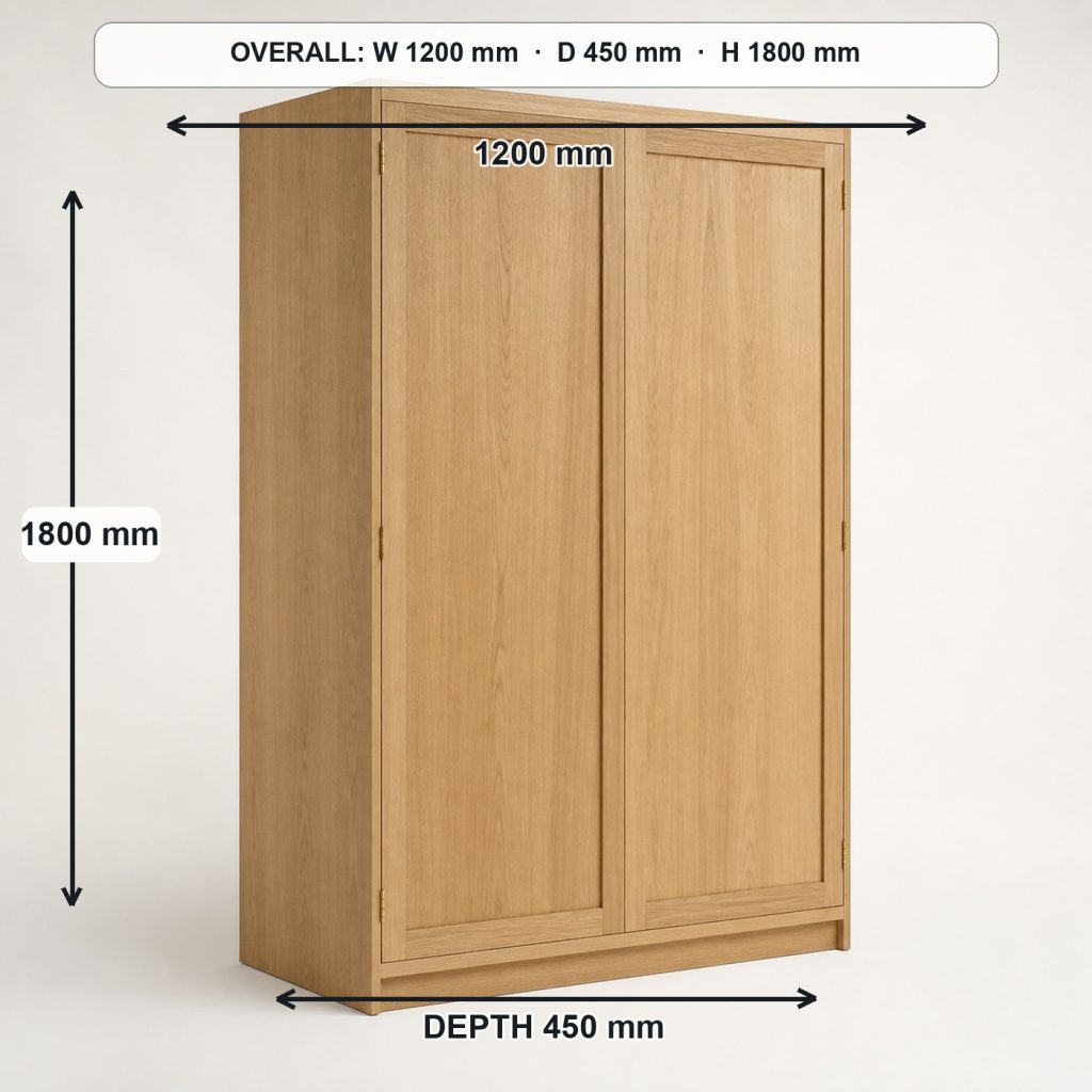 freestanding oak storage cabinet rear construction and support, overall dimensions 1200 mm wide × 450 mm deep × 1800 mm high