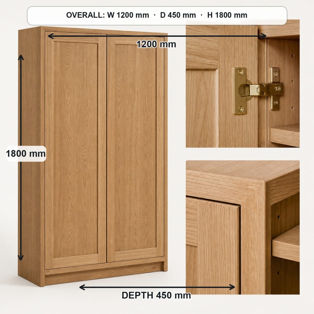 freestanding oak storage cabinet primary joinery detail, overall dimensions 1200 mm wide × 450 mm deep × 1800 mm high