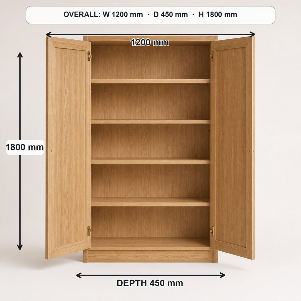freestanding oak storage cabinet storage or functional detail, overall dimensions 1200 mm wide × 450 mm deep × 1800 mm high