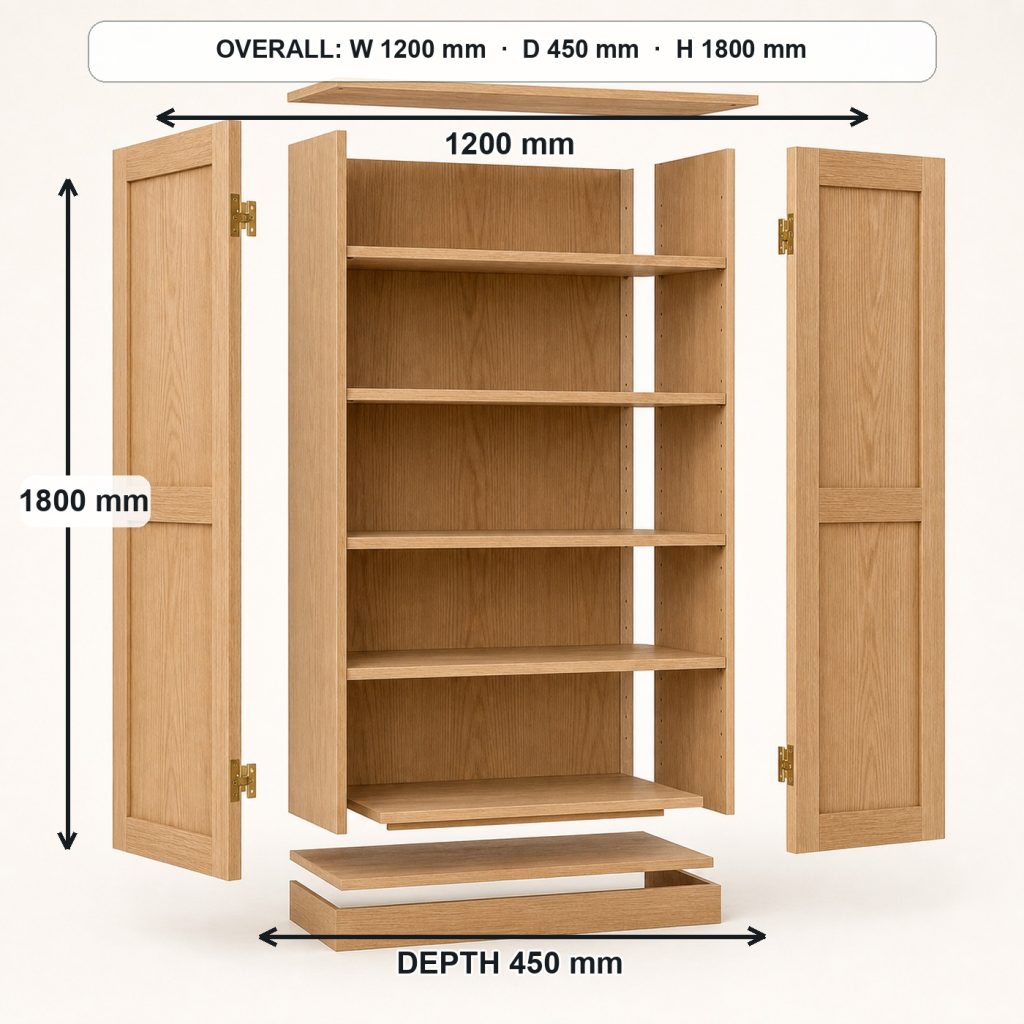 freestanding oak storage cabinet exploded construction overview, overall dimensions 1200 mm wide × 450 mm deep × 1800 mm high