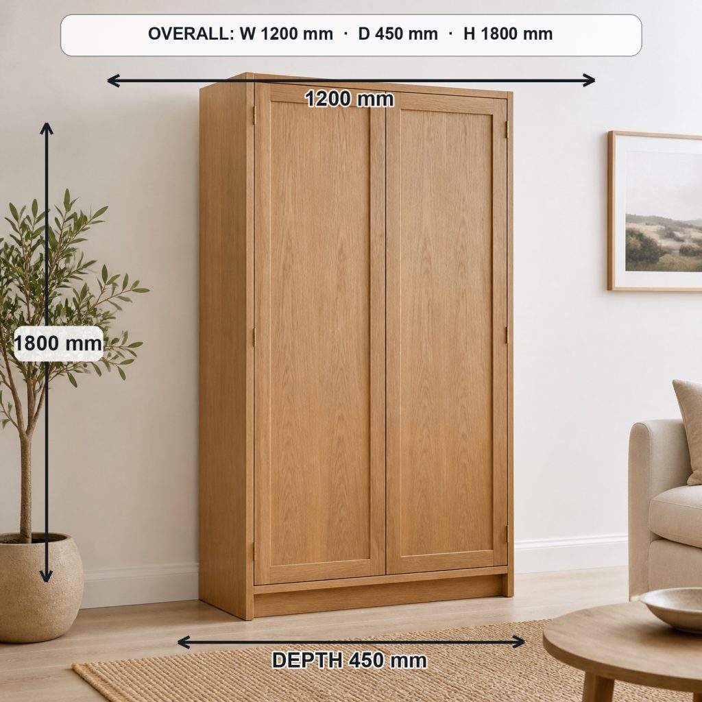 freestanding oak storage cabinet project shown in a real room, overall dimensions 1200 mm wide × 450 mm deep × 1800 mm high