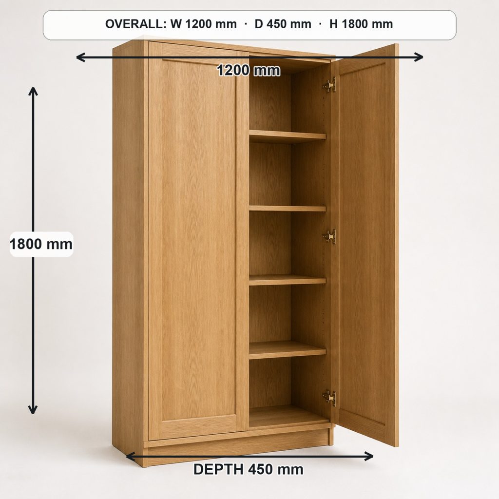 freestanding oak storage cabinet finished project variation, overall dimensions 1200 mm wide × 450 mm deep × 1800 mm high