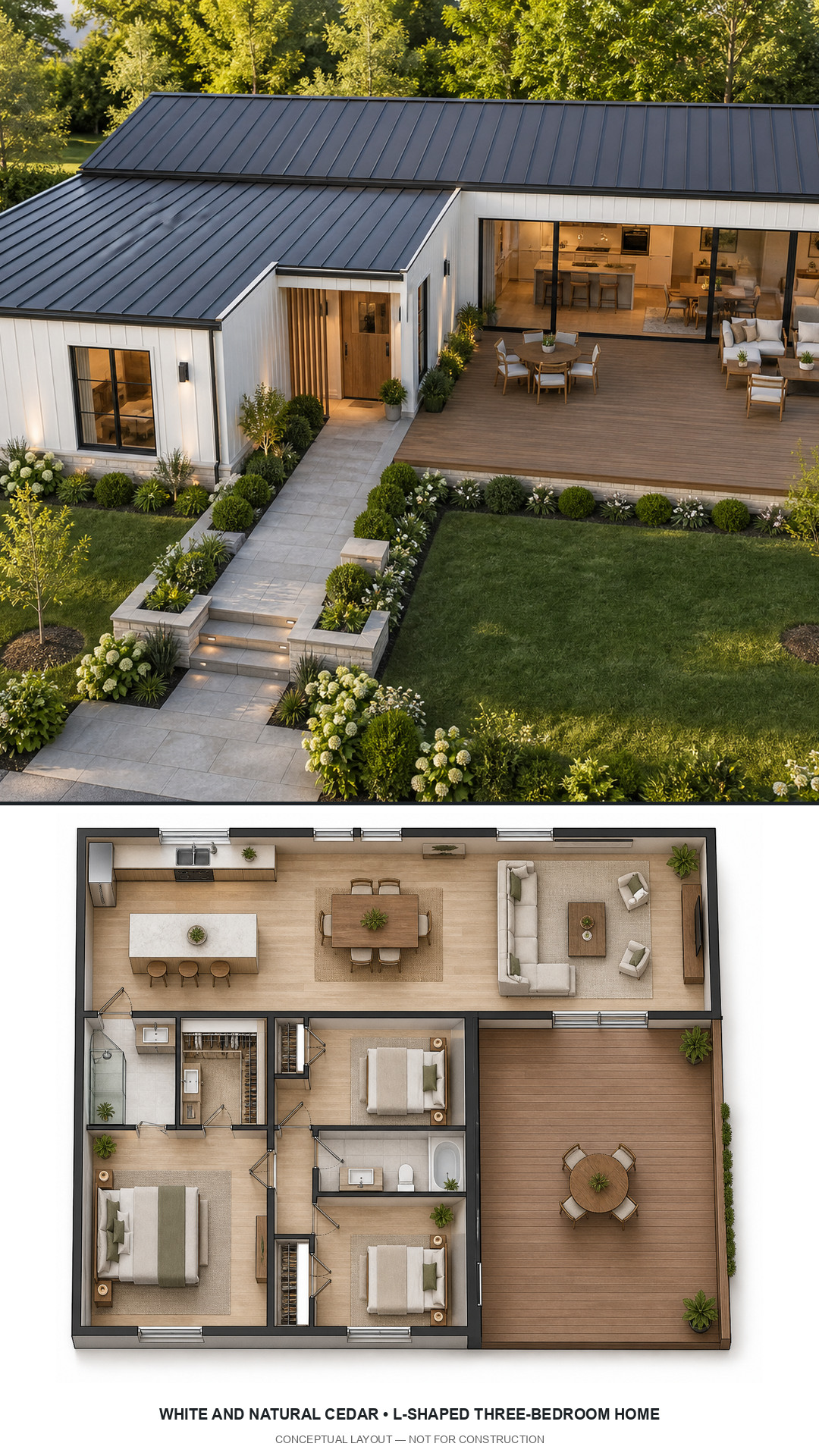 White and Natural Cedar L-Shaped Three-Bedroom Home exterior and furnished conceptual floor plan