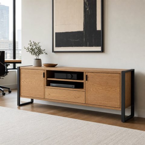 Media Console With an Oak Cabinet and Steel End Frames