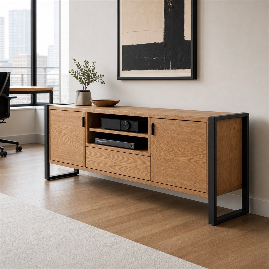 Media Console With an Oak Cabinet and Steel End Frames - alternate full view