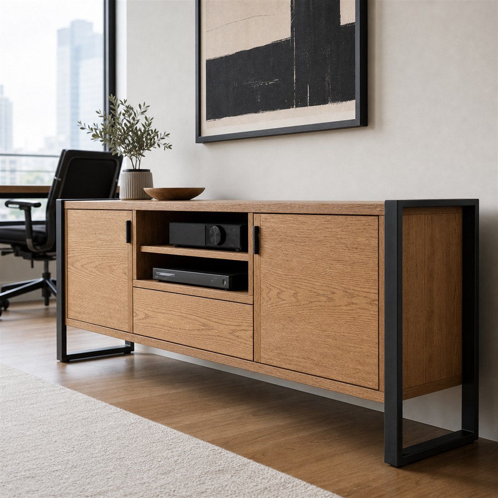 Media Console With an Oak Cabinet and Steel End Frames - steel-frame detail