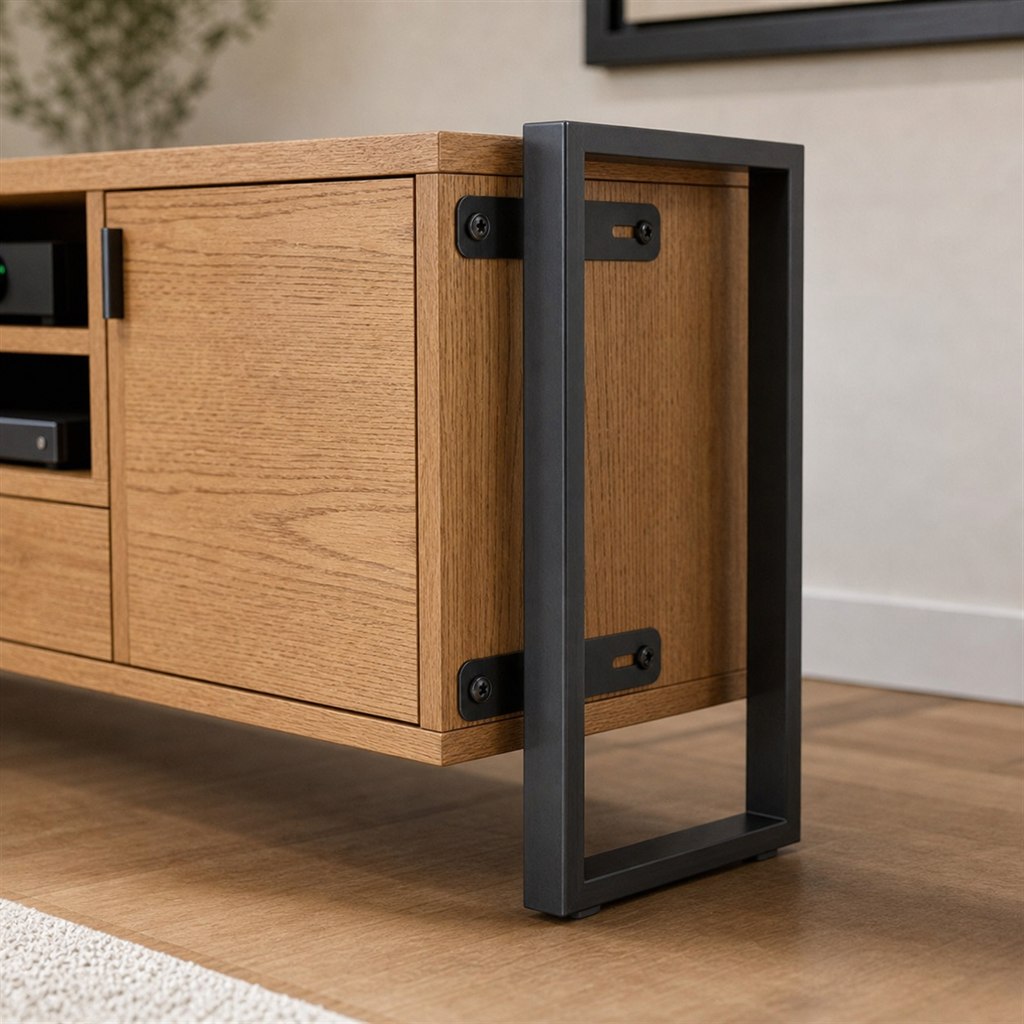 Media Console With an Oak Cabinet and Steel End Frames - wood-to-steel interface detail