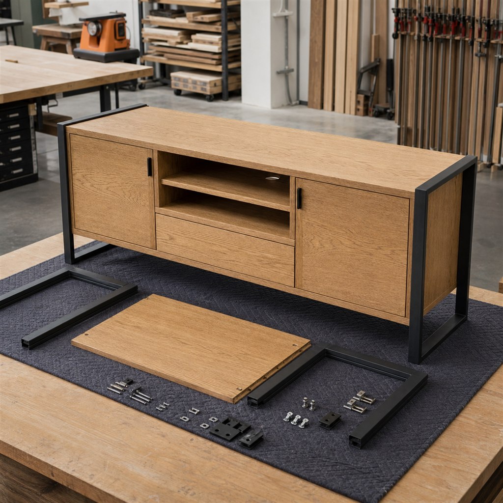 Media Console With an Oak Cabinet and Steel End Frames - workshop dry-assembly view
