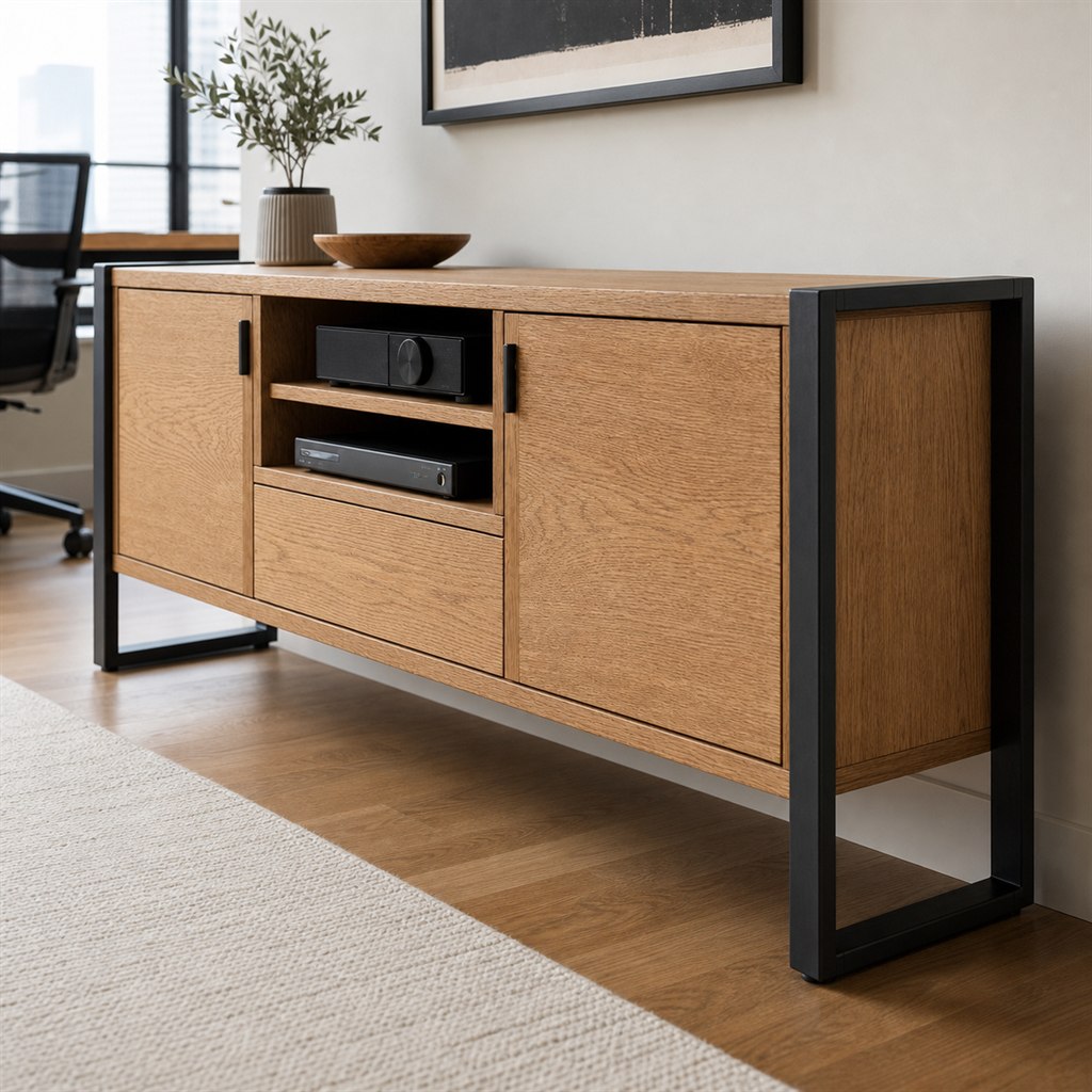 Media Console With an Oak Cabinet and Steel End Frames - finished material detail