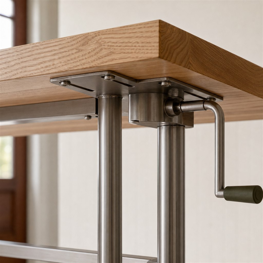 Standing Desk With a Crank-Adjustable Steel Base - wood-to-steel interface detail