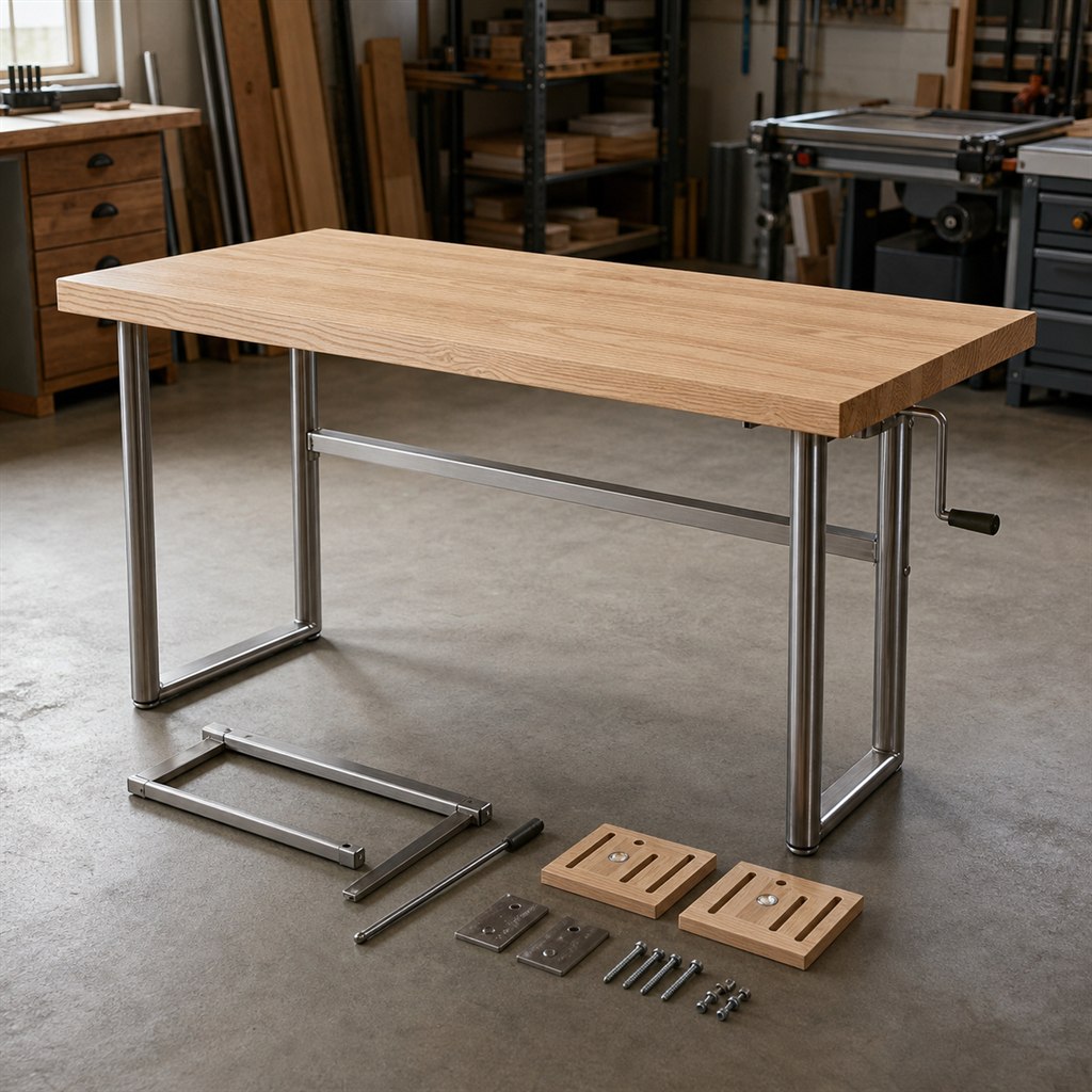 Standing Desk With a Crank-Adjustable Steel Base - workshop dry-assembly view