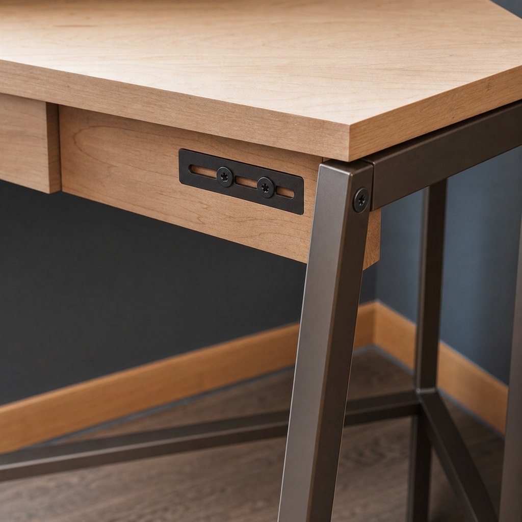 Corner Desk With Triangular Steel Leg Frames - wood-to-steel interface detail