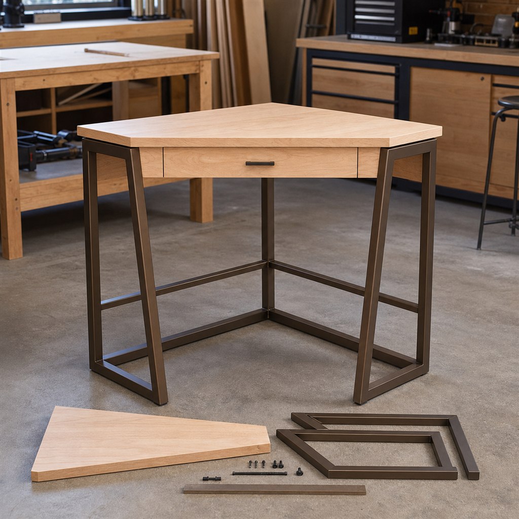 Corner Desk With Triangular Steel Leg Frames - workshop dry-assembly view