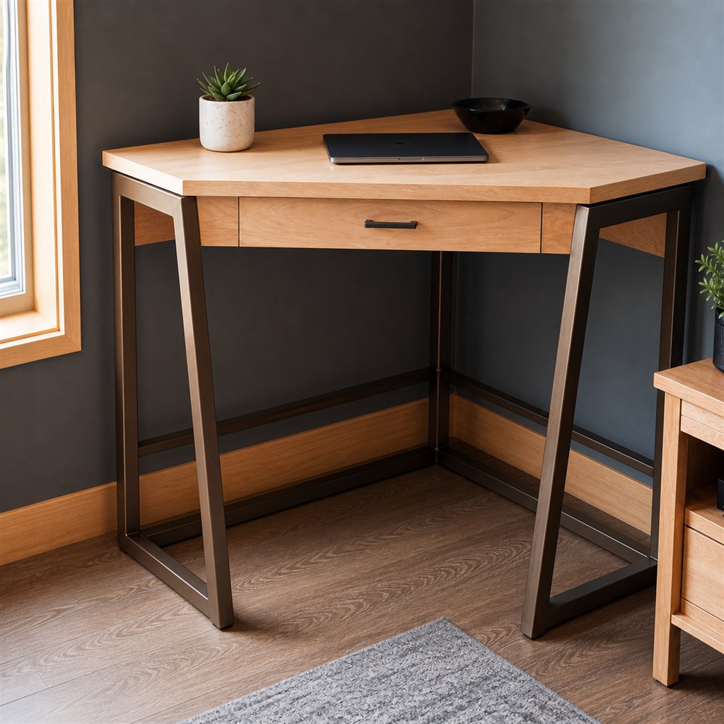 Corner Desk With Triangular Steel Leg Frames - finished material detail