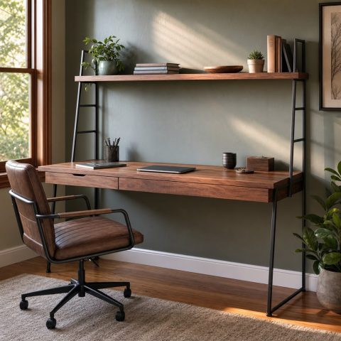 Wall Desk With a Wood Shelf and Steel Ladder Supports