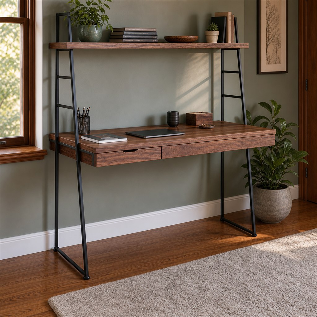 Wall Desk With a Wood Shelf and Steel Ladder Supports - alternate full view