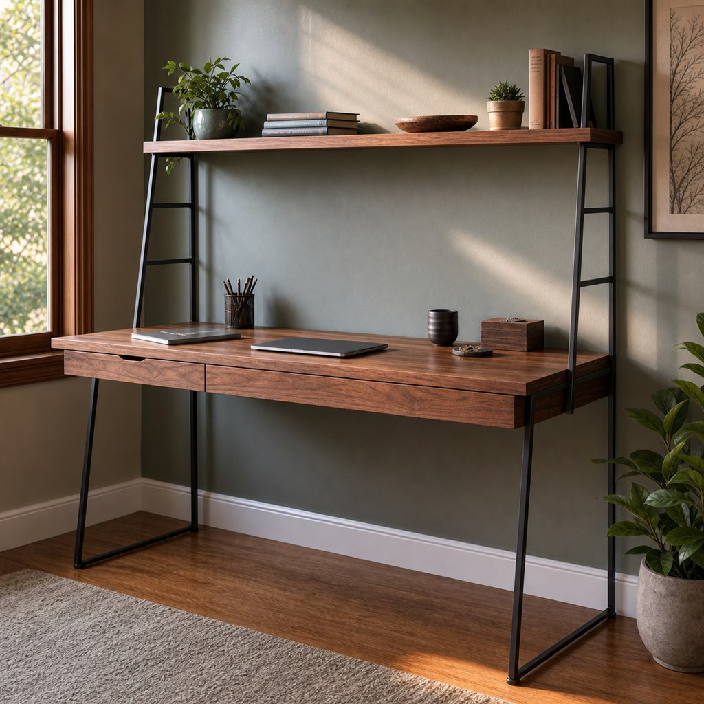 Wall Desk With a Wood Shelf and Steel Ladder Supports - steel-frame detail