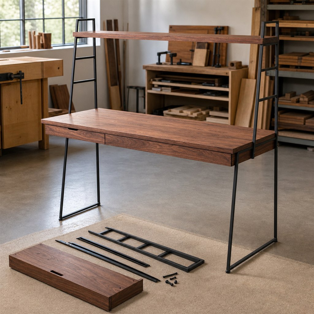 Wall Desk With a Wood Shelf and Steel Ladder Supports - workshop dry-assembly view