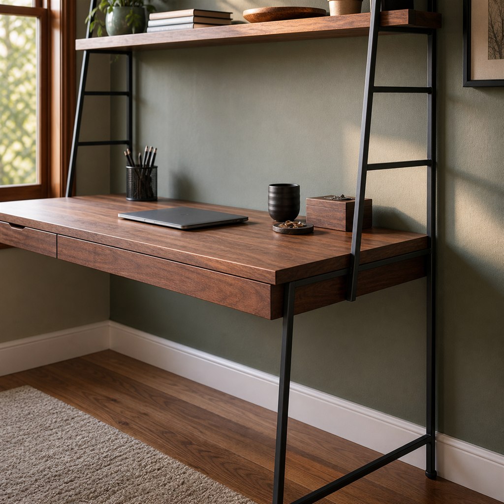 Wall Desk With a Wood Shelf and Steel Ladder Supports - finished material detail