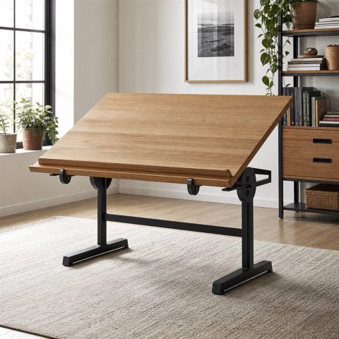 Drafting Desk With a Tilted Wood Top and Steel Pivot Base
