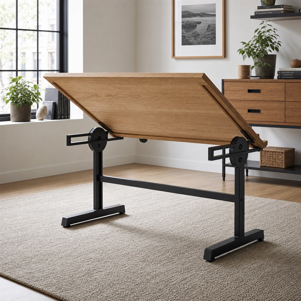 Drafting Desk With a Tilted Wood Top and Steel Pivot Base - alternate full view