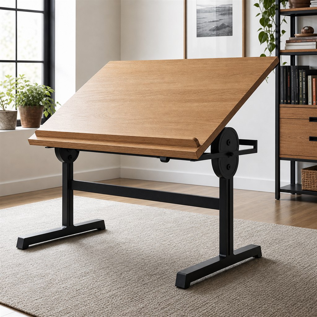 Drafting Desk With a Tilted Wood Top and Steel Pivot Base - steel-frame detail