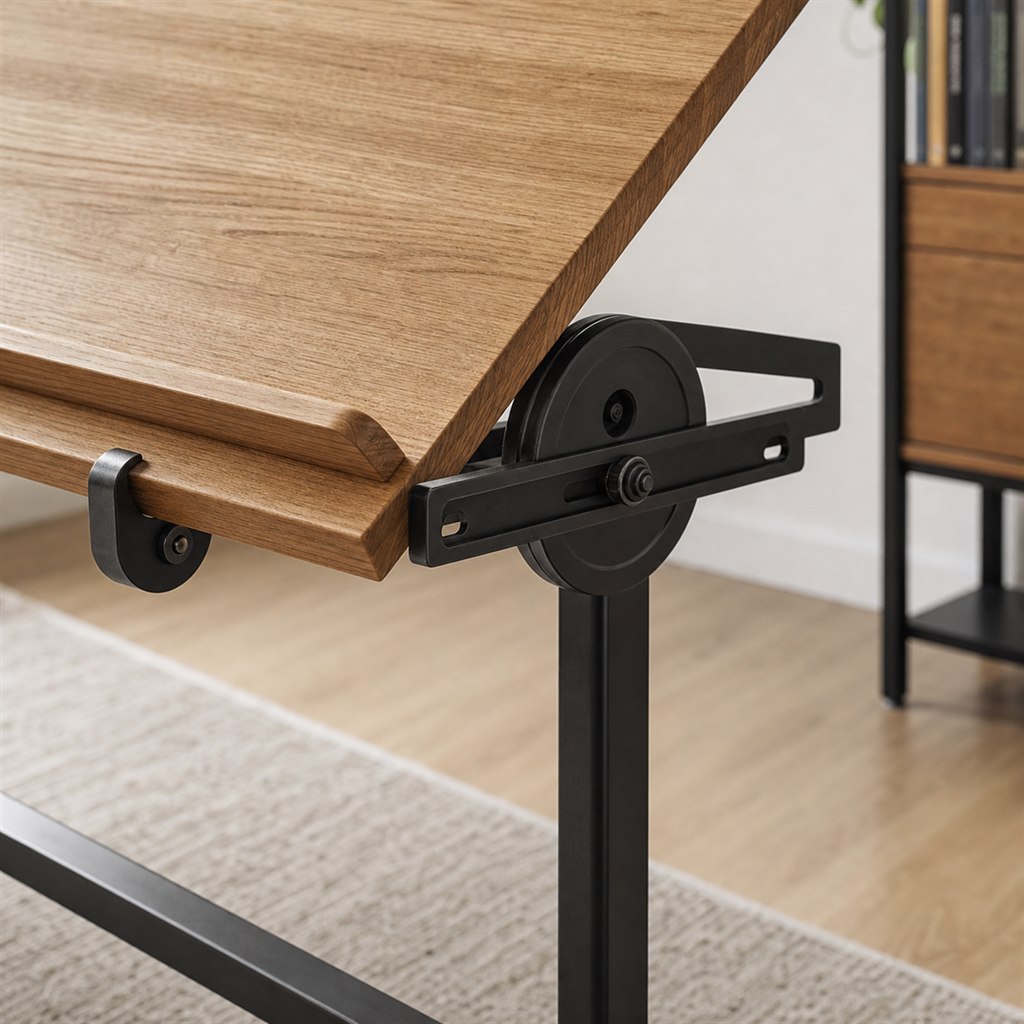 Drafting Desk With a Tilted Wood Top and Steel Pivot Base - wood-to-steel interface detail